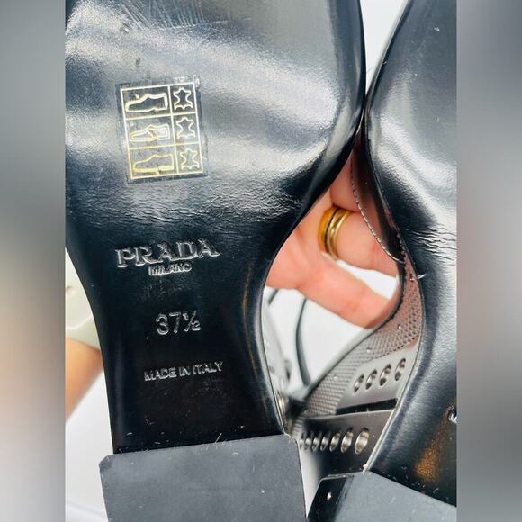 Prada Metallic Grey T Strap Metal Embossed Wedge Sandals Runway 2014 EU 37.5 - Picture 11 of 16